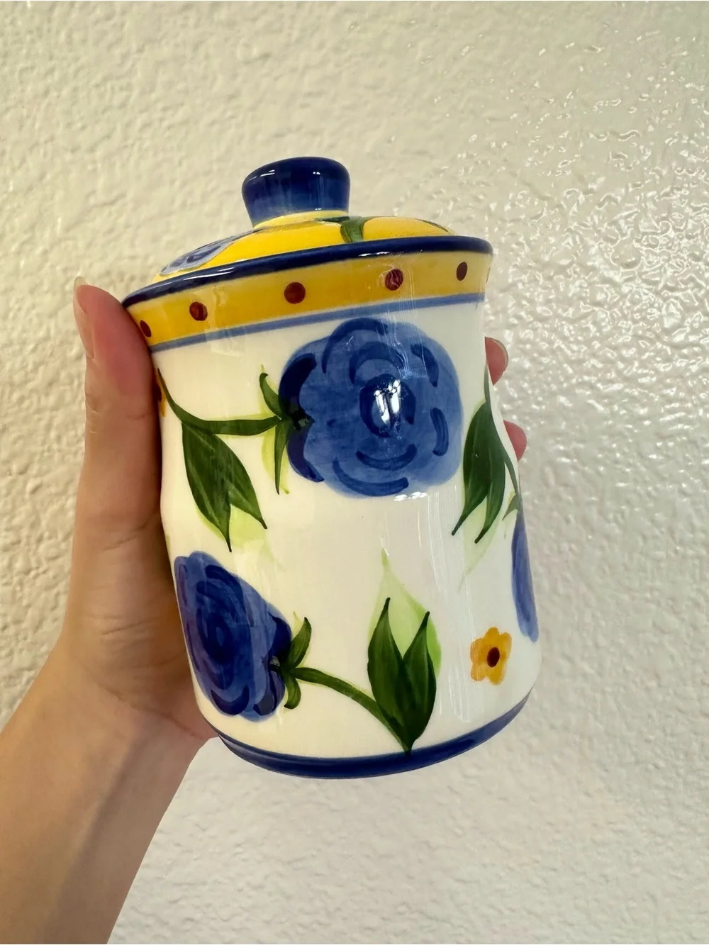 Hand-Painted Blue Floral Ceramic Canister with Lid